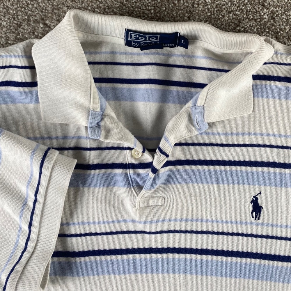 Polo Ralph Lauren Mens L White Blue Striped Cotton Polo Shirt Blue Pony Preppy